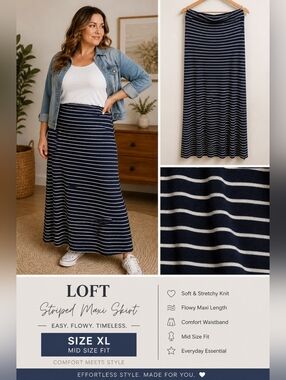 Women's Navy & White Striped Maxi Skirt Size Large Loft